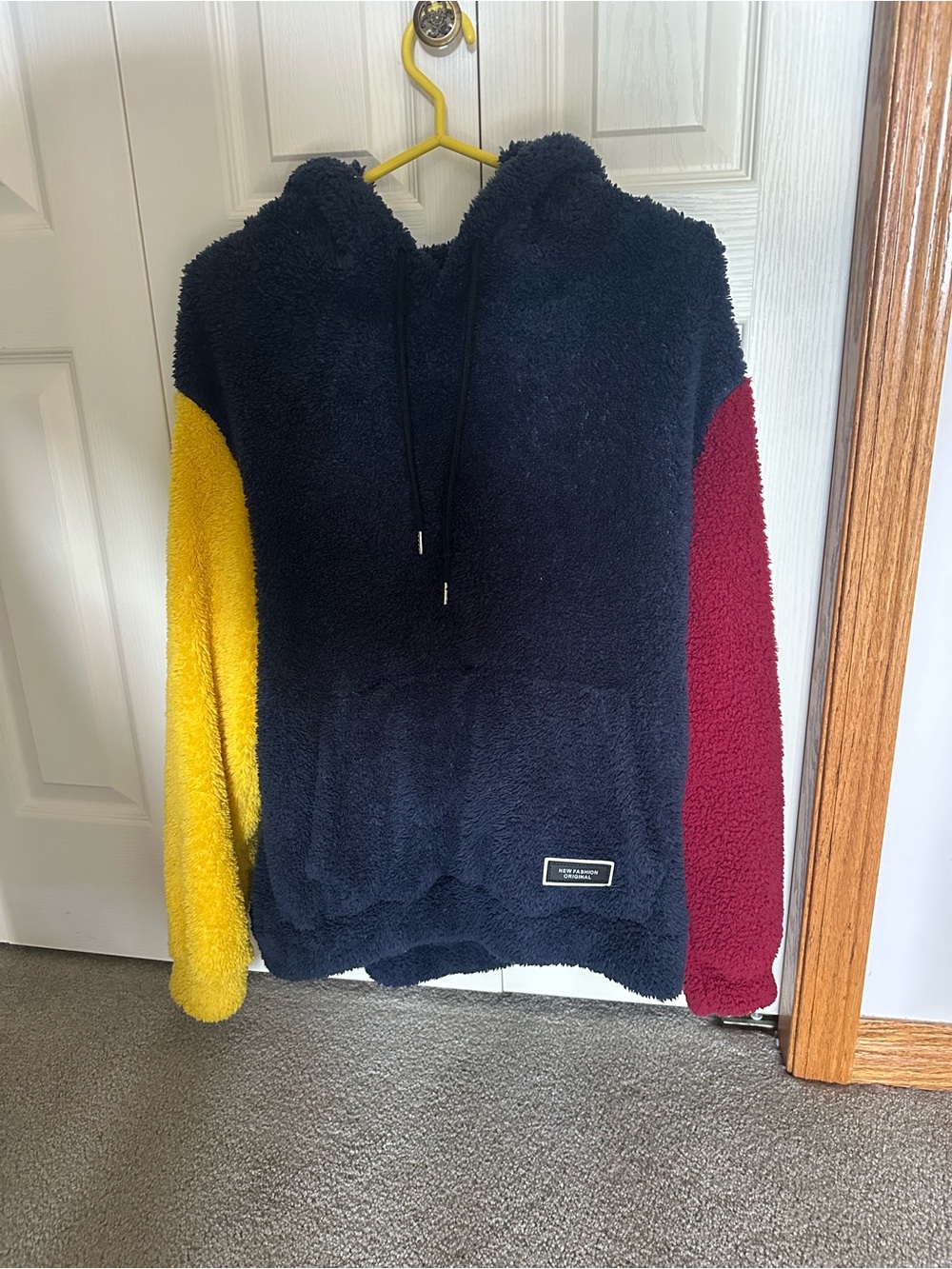 Plush Colorblock Hoodie Sweater - Navy with Yellow & Red Sleeves